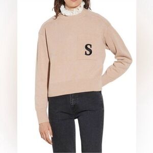 Sandro Lucille Ruffled Collar Monogram Embroidered Beige Sweater GUC